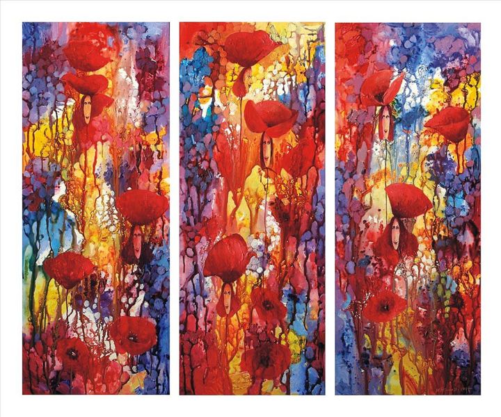 Painting titled "Poppies Ladies II" by Krzysztof Lozowski, Original Artwork, Acrylic