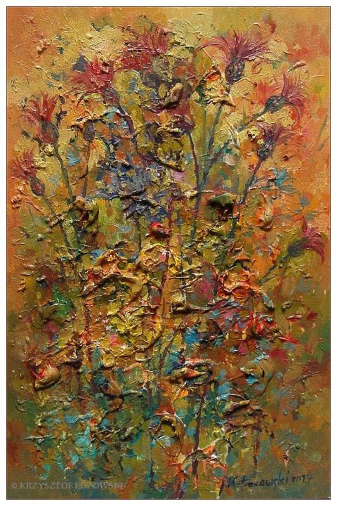 Painting titled "Meadow, Thistles" by Krzysztof Lozowski, Original Artwork, Oil