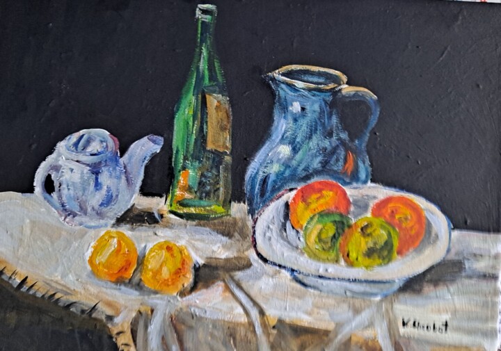 Malarstwo zatytułowany „dzbanek z owocami” autorstwa Krzysztof, Oryginalna praca, Olej