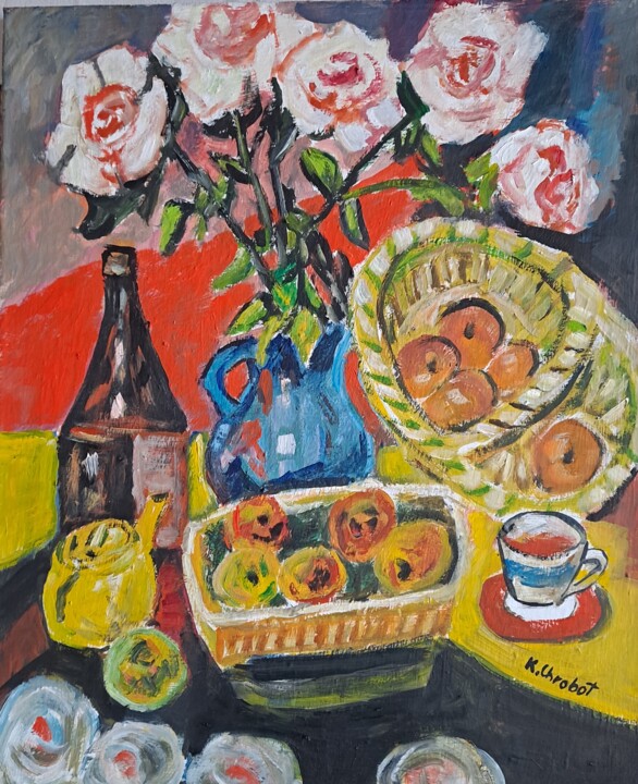 Malarstwo zatytułowany „jabłka i kwiaty” autorstwa Krzysztof, Oryginalna praca, Olej