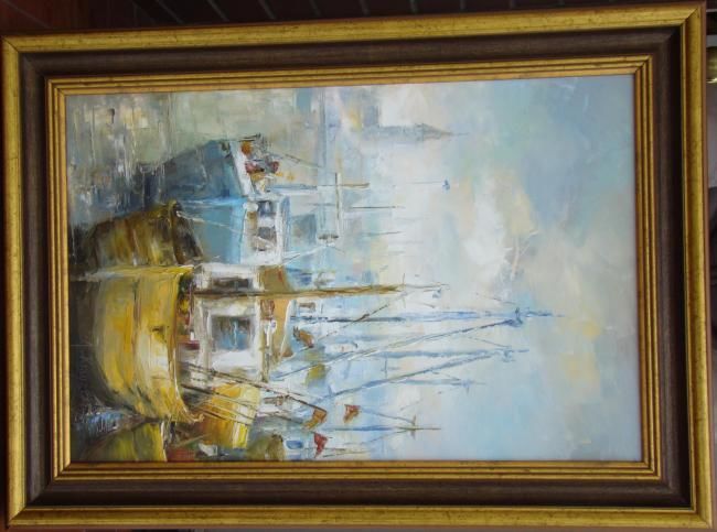 Malerei mit dem Titel "Port in Wladyslawowo" von Adam Krzyzowski, Original-Kunstwerk, Öl