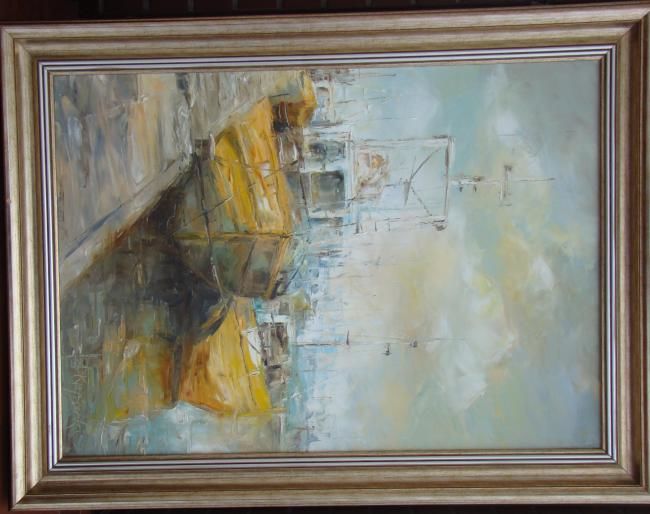 Malerei mit dem Titel "Fishing Boats in th…" von Adam Krzyzowski, Original-Kunstwerk, Öl