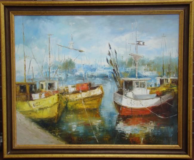 Malerei mit dem Titel "Port in Ustka" von Adam Krzyzowski, Original-Kunstwerk, Öl