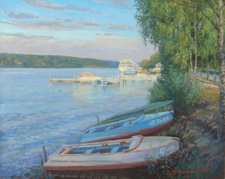Painting titled "Вечер на Волге" by Ksandro, Original Artwork, Oil