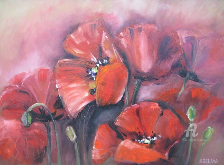 Painting titled "Deep Red Poppies Fl…" by Kselma Randvald, Original Artwork, Oil Mounted on Wood Stretcher frame