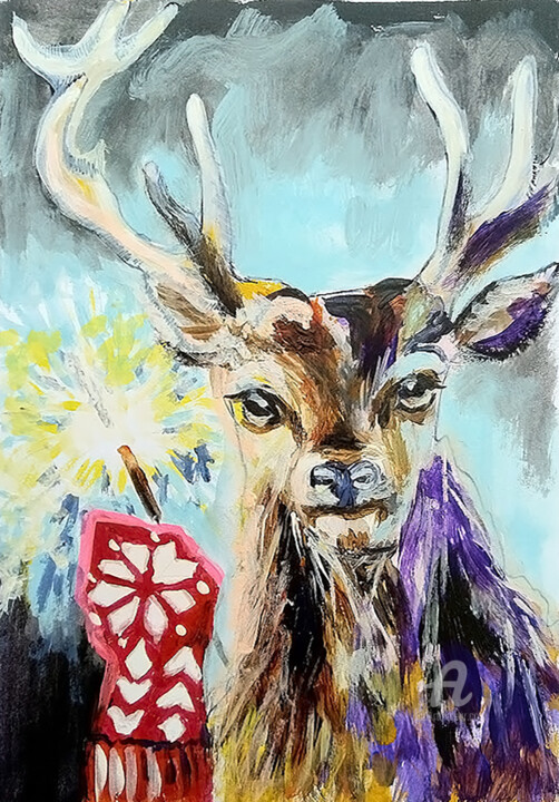 Painting titled "Christmas Deer with…" by Kselma Randvald, Original Artwork, Acrylic