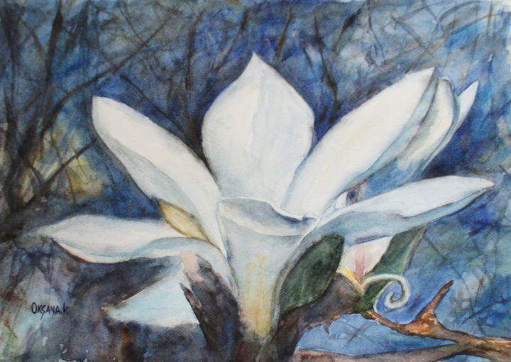 Картина под названием "Night magnolia" - Ksana Kuznezova, Подлинное произведение искусства, Акварель