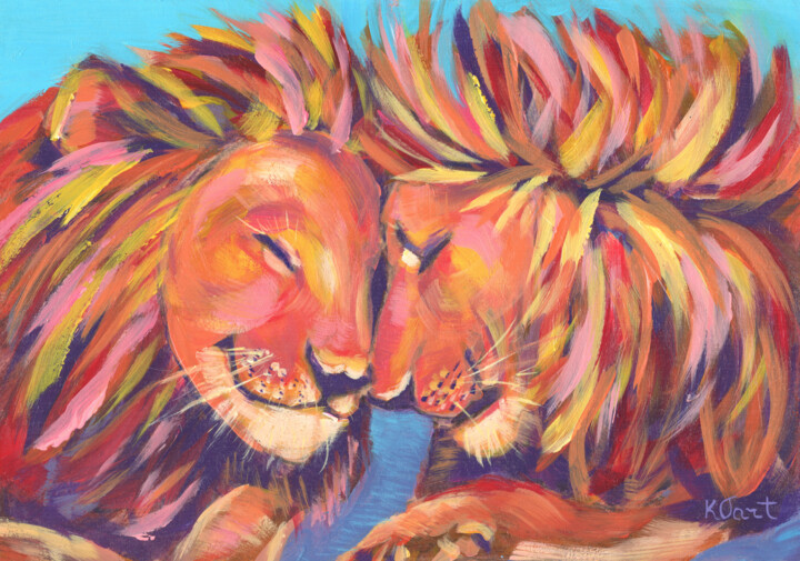 Картина под названием "Love and Lions" - Ksenia Tsyganyuk, Подлинное произведение искусства, Акрил
