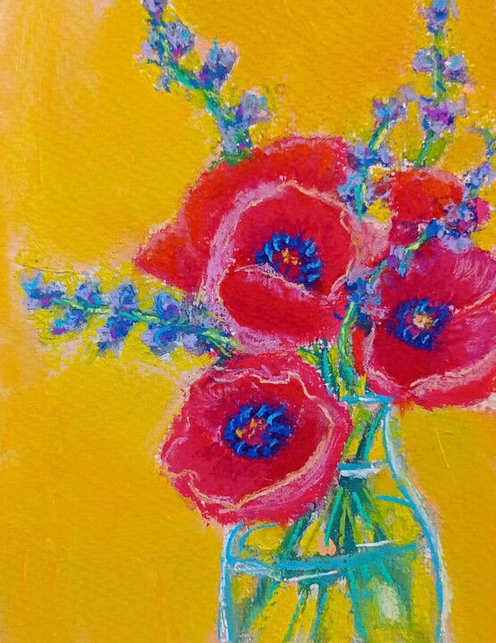 Painting titled "Red poppies. Floral…" by Ksenia Tsyganyuk, Original Artwork, Pastel Mounted on Other rigid panel