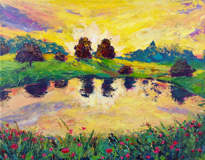 Painting titled "Peace. Sunset Lands…" by Ksenia Tsyganyuk, Original Artwork, Acrylic Mounted on Wood Stretcher frame