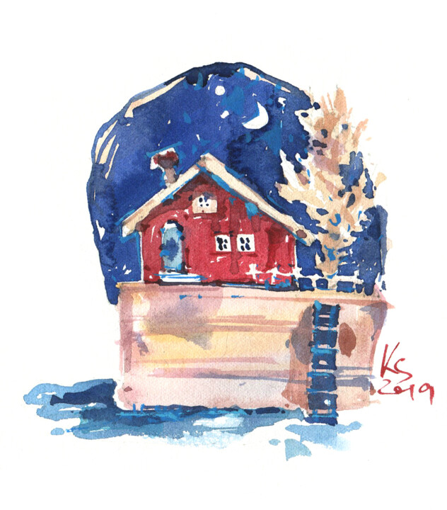 Painting titled ""Red House by the S…" by Ksenia Selianko, Original Artwork, Watercolor