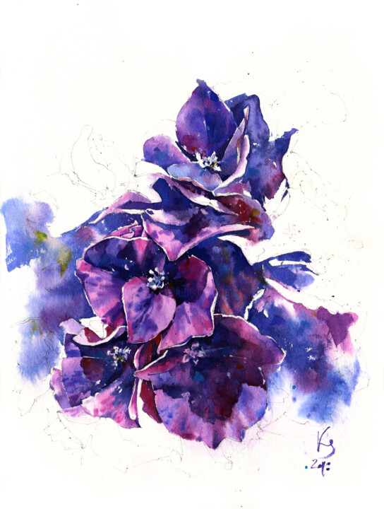 Schilderij getiteld ""Dark Purple Hydran…" door Ksenia Selianko, Origineel Kunstwerk, Aquarel