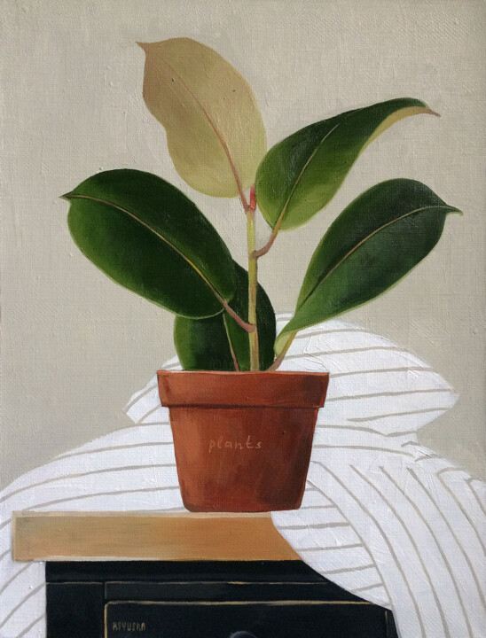 Painting titled "Ficus" by Kseniia Berestova, Original Artwork, Oil Mounted on Wood Stretcher frame