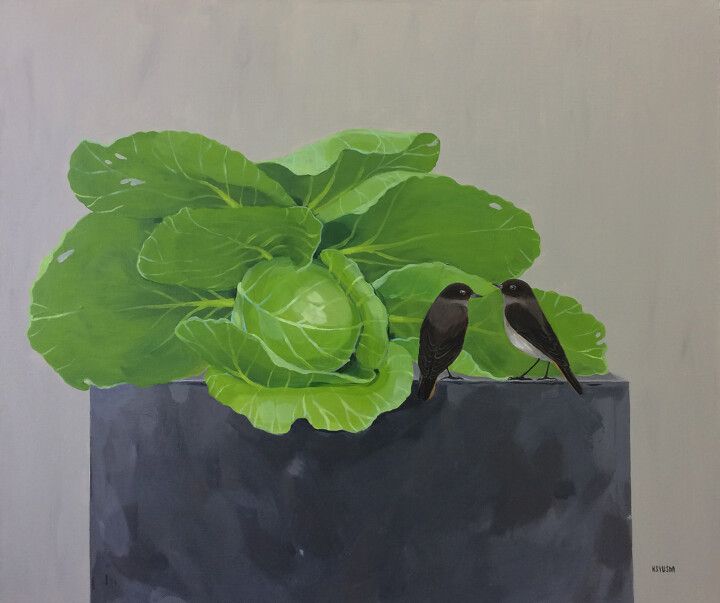 Картина под названием "Cabbage and birds" - Ксения Берестова, Подлинное произведение искусства, Акрил Установлен на Деревянн…