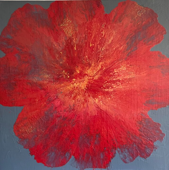 Картина под названием "Red flower" - Kseniia Turik, Подлинное произведение искусства, Акрил Установлен на Деревянная рама дл…