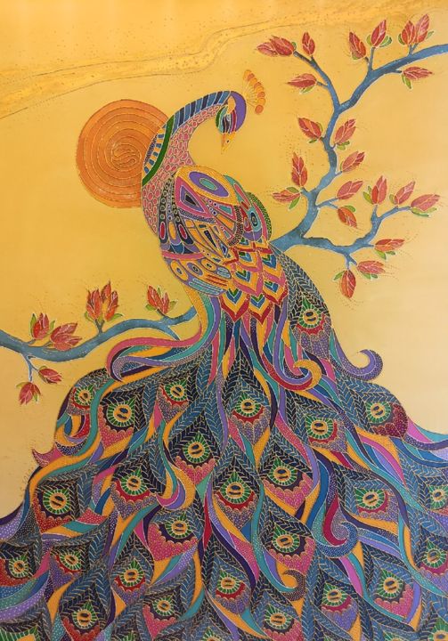 Текстильное искусство под названием "Павлин" - Ксения Стеценко, Подлинное произведение искусства, Ткань Установлен на картон