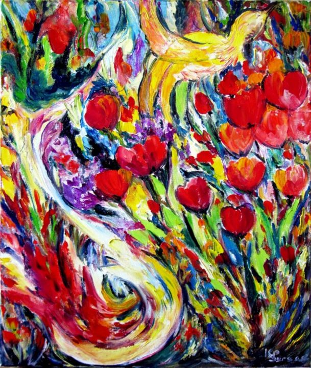 Painting titled "oiseau et fleurs" by Kspersee, Original Artwork