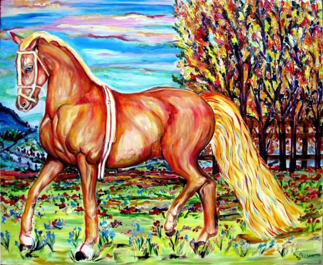 Schilderij getiteld "cheval sur pelouse" door Kspersee, Origineel Kunstwerk