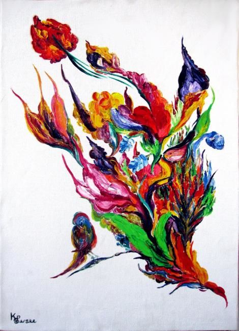 Painting titled "fleurs et oiseau" by Kspersee, Original Artwork