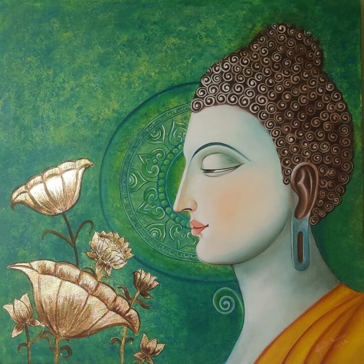 Painting titled "Buddha" by Geetu Thakur, Original Artwork, Acrylic Mounted on Wood Stretcher frame