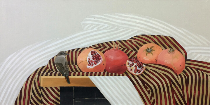 Painting titled "Bird and pomegranat…" by Ксения Берестова, Original Artwork, Oil Mounted on Wood Stretcher frame