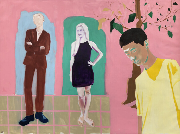 Painting titled "In front of doors" by Janos Kujbus, Original Artwork, Oil