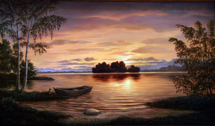Картина под названием "Закат на Волге" - Николай Кулыгин, Подлинное произведение искусства, Масло