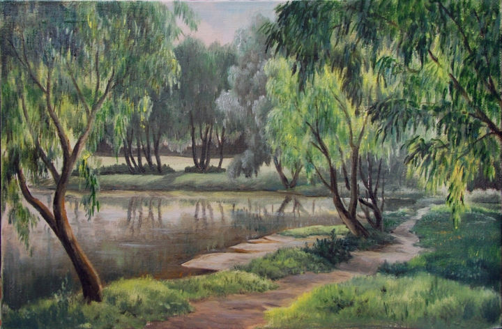 Schilderij getiteld "Берег реки" door Nikolai Kulygin, Origineel Kunstwerk, Olie
