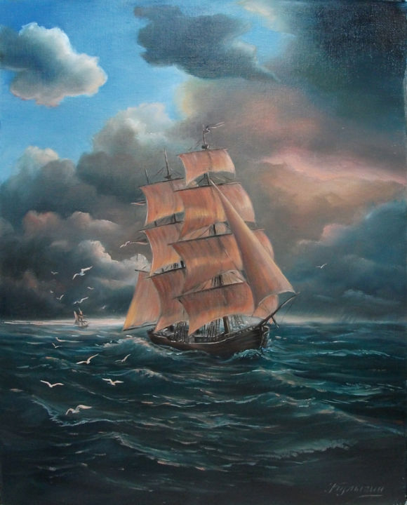 Painting titled "Парусник в вечернем…" by Nikolai Kulygin, Original Artwork, Oil