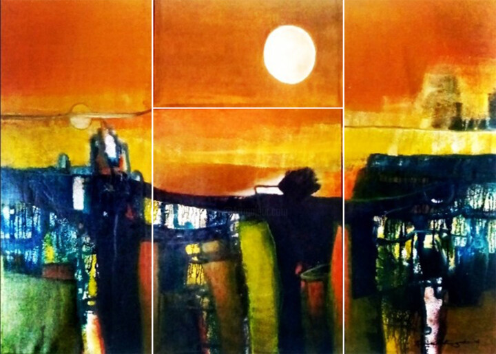 Painting titled "Mystic with Evening…" by Kumara Rathnayaka, Original Artwork, Acrylic Mounted on Wood Stretcher frame