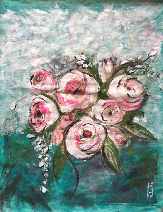 Peinture intitulée "Pink Roses II" par Kumi Muttu, Œuvre d'art originale, Acrylique