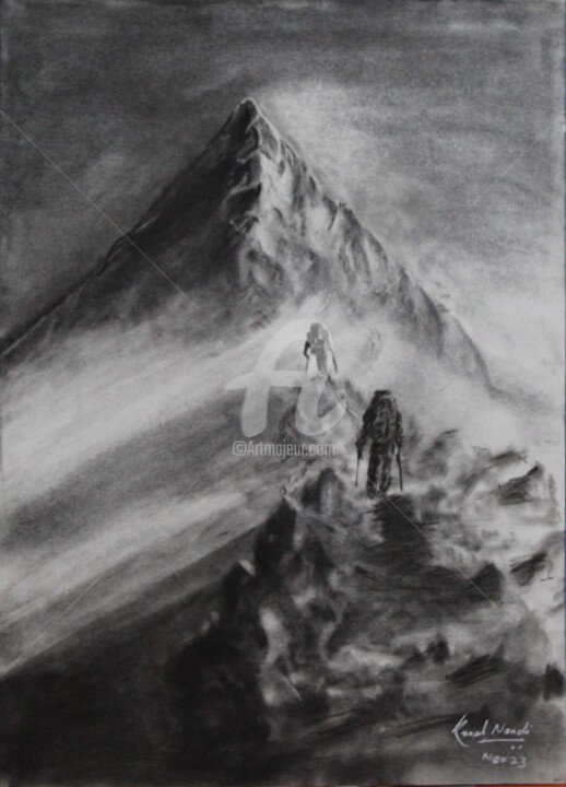 Disegno intitolato "Mountain climbers" da Kunal Nandi, Opera d'arte originale, Carbone