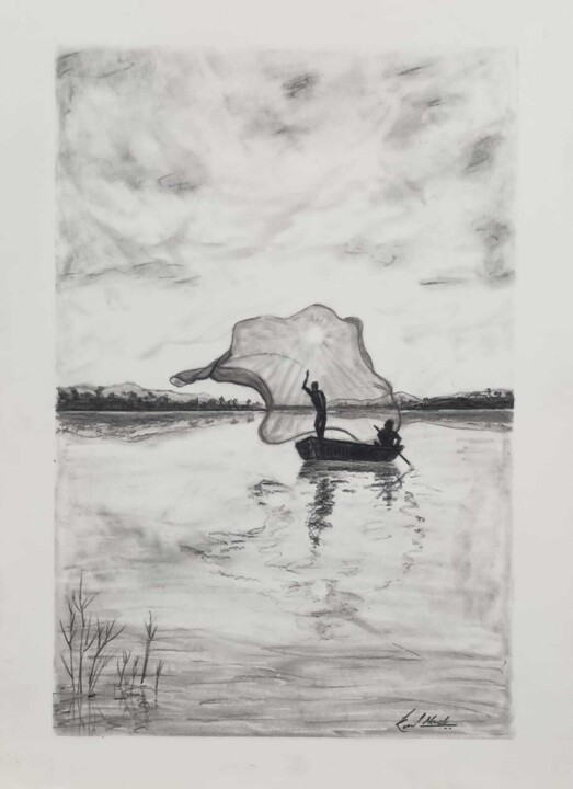 Drawing titled "FISHING AT DAWN" by Kunal Nandi, Original Artwork, Charcoal