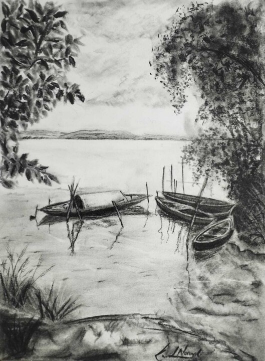 图画 标题为“Boats In Holy Ganga” 由Kunal Nandi, 原创艺术品, 木炭