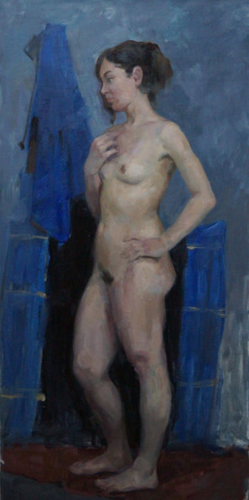 Painting titled "Nude girl on a blue…" by Inna Kunitzina, Original Art, Oil