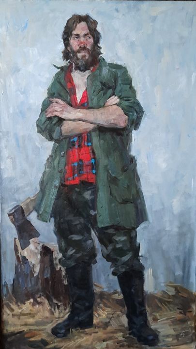 Painting titled "Lumberjack" by Inna Kunitzina, Original Art, Oil