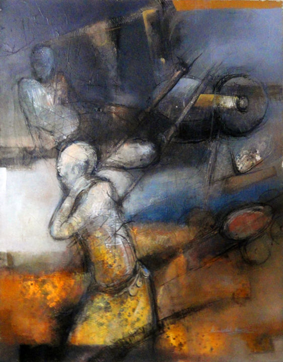 Schilderij getiteld "Lathe Worker" door Kuntal Barai, Origineel Kunstwerk, Acryl Gemonteerd op Frame voor houten brancard