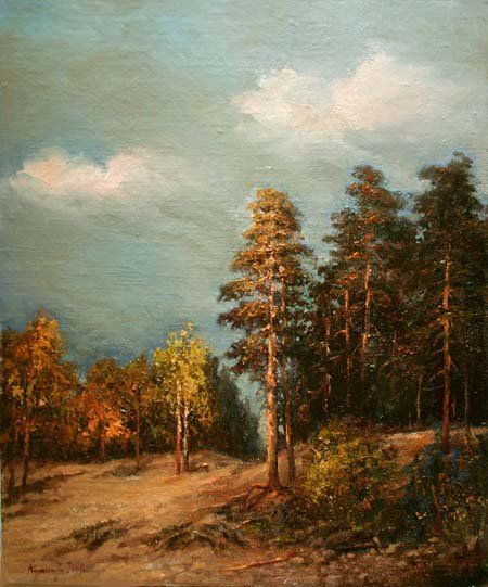 Painting titled "Сосны на берегу Риж…" by Yury Kurako, Original Artwork, Oil