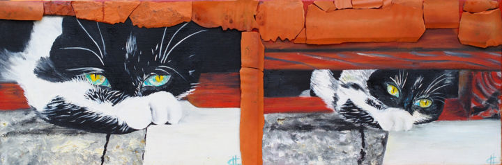 Painting titled "Riri chat" by Hélène Chevallier, Original Art, Oil Mounted on Stretcher frame