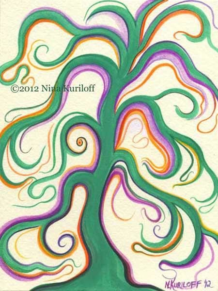 Mellow Green Tree - Painting, 6x8 in ©2012 by Nina Kuriloff -
Contemporary painting, tree green imaginary fantasy painting gouache watercolor