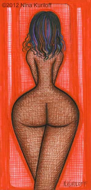 Beautiful Nude Woman with Brown Skin in Red - Painting, 4x9.5 in ©2012 by Nina Kuriloff -
Nude, Black brown skin African American Nude Naked Red beautiful figure figurative
