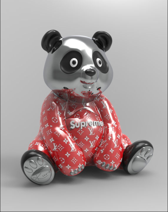 Sculptuur getiteld "Panda Kuro Red Supr…" door Thibault Kuro, Origineel Kunstwerk, Hars