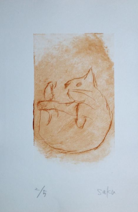 Printmaking titled "neko(ka)" by Saku Kuronashi, Original Artwork, Gouache