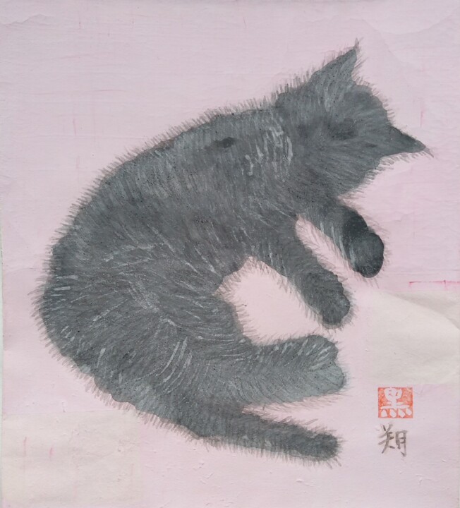Pintura intitulada "NIHONGA NEKO　KURO" por Saku Kuronashi, Obras de arte originais, Pigmentos