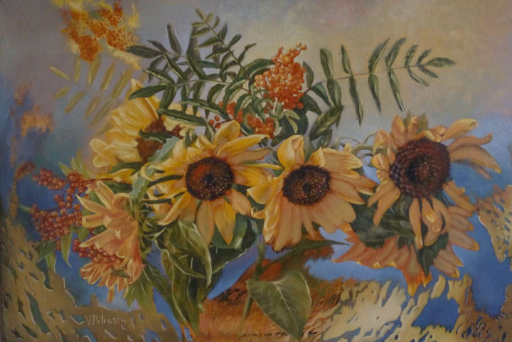 Painting titled "Подсолнухи (рябина)" by Виталий Курортный, Original Art, Oil Mounted on Stretcher frame