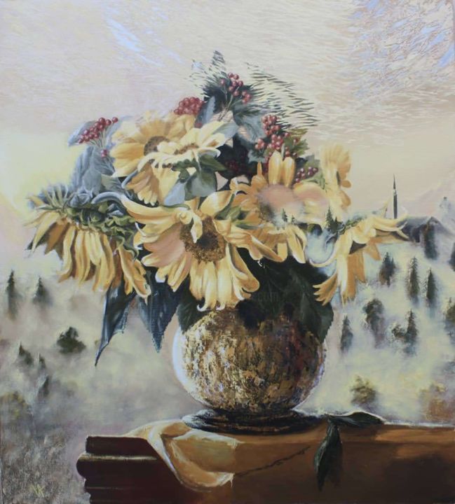 Painting titled "Где-то в горах" by Виталий Курортный, Original Art, Oil Mounted on Stretcher frame