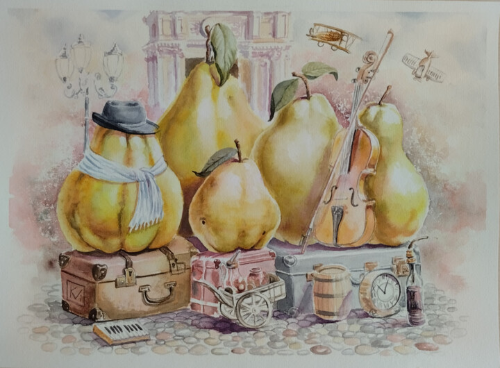 Painting titled "Musical quince Chis…" by Vitalii Kurortnyi, Original Artwork, Watercolor