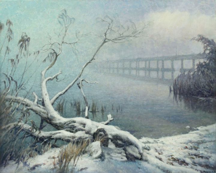 Peinture intitulée "Первый снег. Днепр" par Александр Кусенко, Œuvre d'art originale, Huile