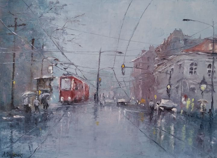 Картина под названием "Дождь в городе" - Алексей Куценко, Подлинное произведение искусства, Масло