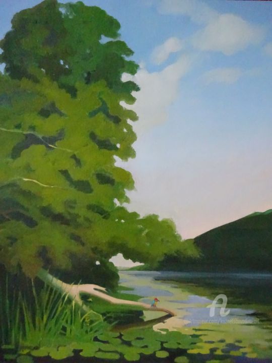 Картина под названием "Пейзаж с зимородком" - Вадим Кузнецов, Подлинное произведение искусства, Масло